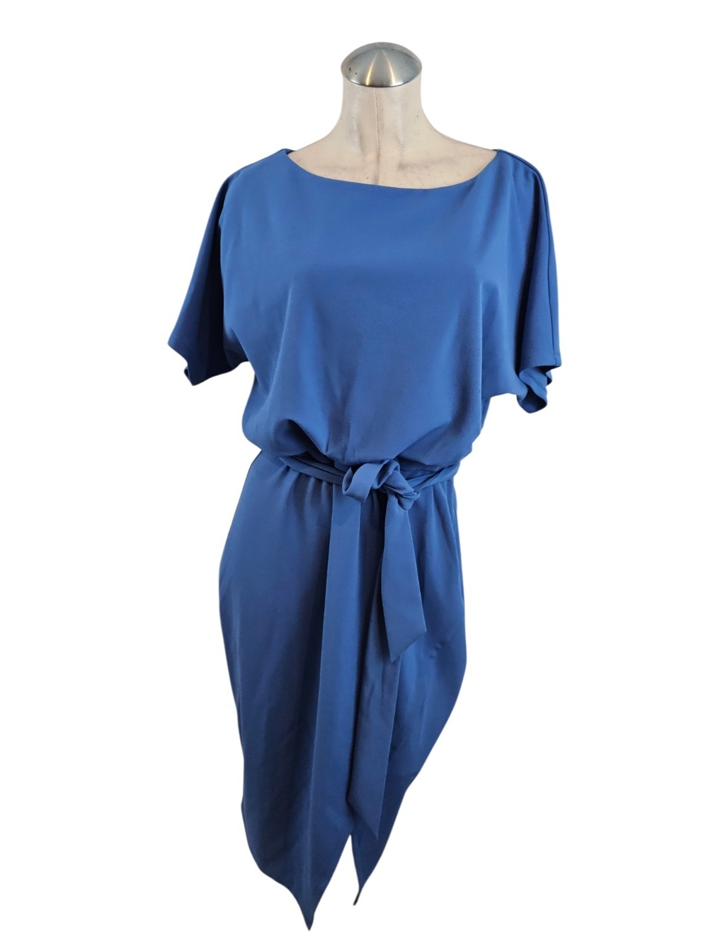 Andrew Marc Blue Blouson Midi Dress with Waist Tie Size 12